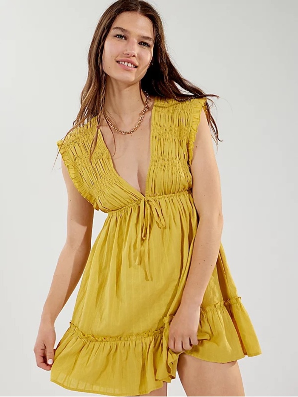 Yellow Smocked V-Neck Flowy Mini Dress Size XS NWT